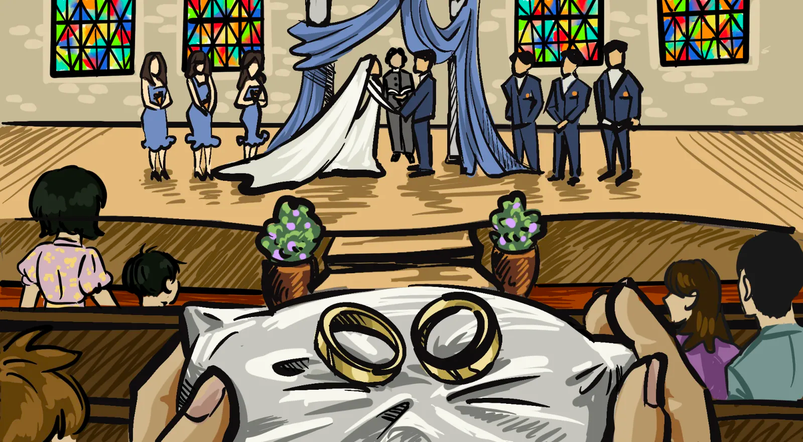 Lexicon memory scene depicting wedding where there are rings in the foreground with the union of the bride and groom in the background
